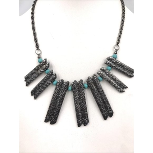 Gun Metal Tone Turquoise Faux Beads Necklace‎  texture 16" Bib Collar